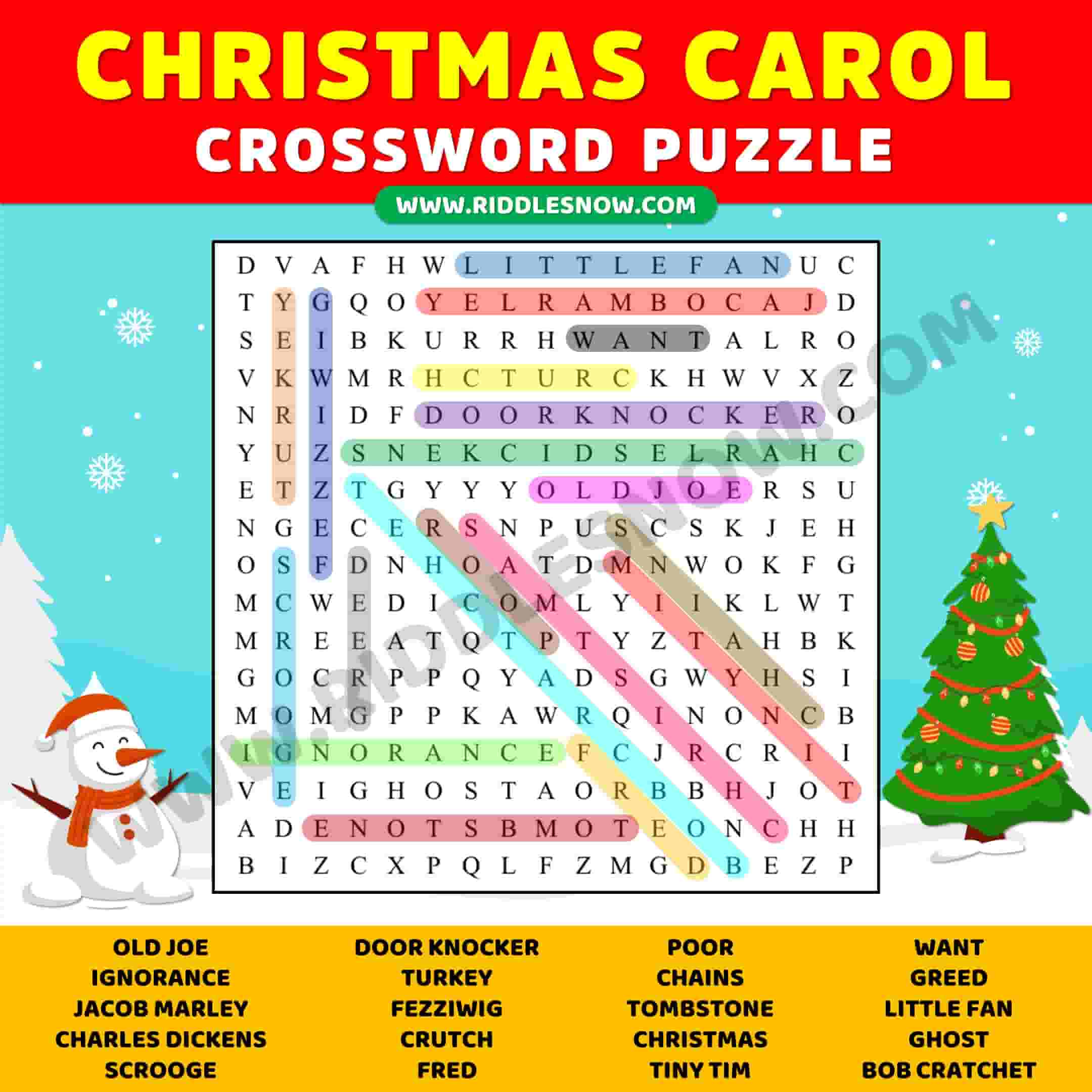 Christmas Carol Crossword Puzzles With Answer Keys